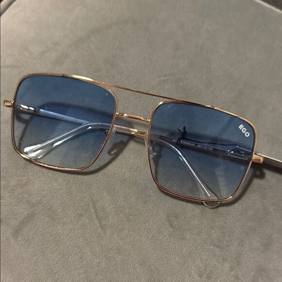 EGO Gold Frame Sunglasses with Blue Lenses BRAND NEW Rectangle 100% UVA